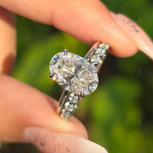 4.00 CT Oval Cut Moissanite Wedding Ring Set Unique Hidden Halo Anniversary Ring Set For Wife Bubble Half Eternity Band Promise Ring For Her