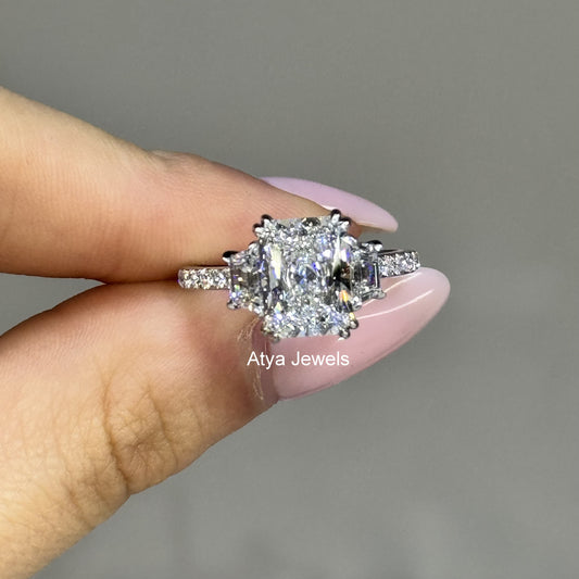 2.50 CT Radiant Cut Three Stone Lab Grown Diamond Hidden Halo Engagement Ring