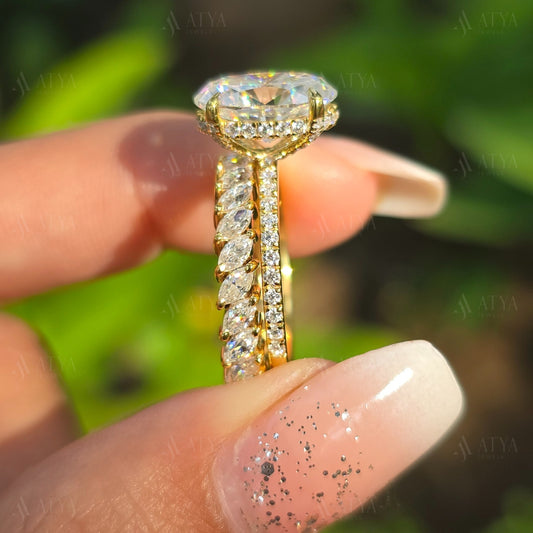 3.50 CT Oval Cut Moissanite Engagement Ring Set, Hidden Halo Wedding Ring Set Round Cut Bezel Set Matching Band