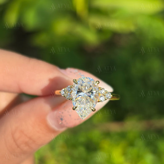 3.00 CT Pear Cut Moissanite Engagement Ring Cluster Moissanite Bridal Ring Anniversary Ring Promise Ring