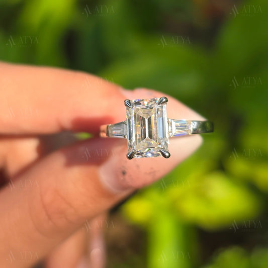 Emerald Cut Three Stone Ring 3.00 CT Emerald Cut Colorless Moissanite Engagement Ring Side Tapered Baguette Cut Proposal Anniversary Gift