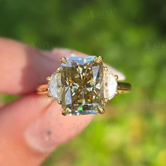 3.50 CT Canary Yellow Radiant Cut Moissanite Engagement Ring Three Stone Side Half Moon Cut Diamond Ring Unique Pormise Ring