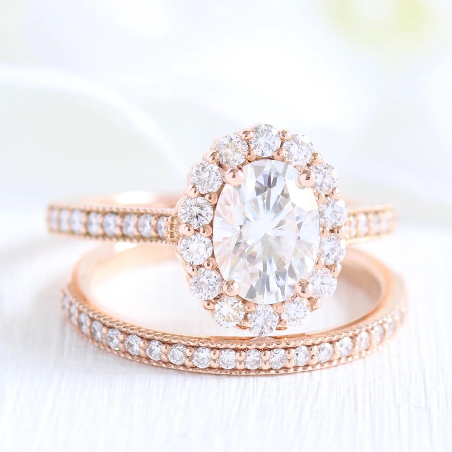 2.00  CT Oval Cut Moissanite Luna Halo Bridal Wedding Ring Set