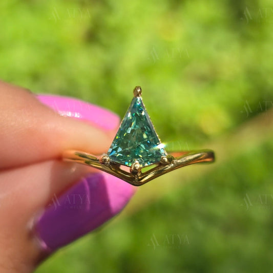 Blue Green Kite Cut Moissanite Diamond Engagement Ring Bypass Set Colored Solitaire Ring Unique Anniversary Gift