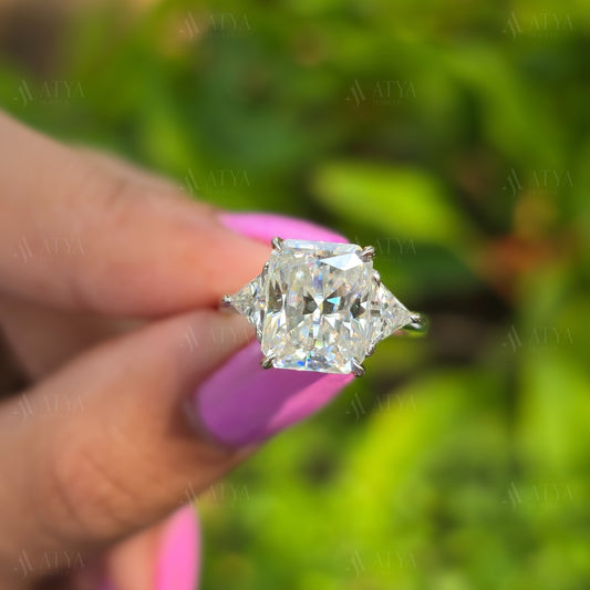3.50 CT Radiant Cut Moissanite Stone Engagement Ring With Side Triangle Three Stone Best Minimalist Classic Wedding Ring