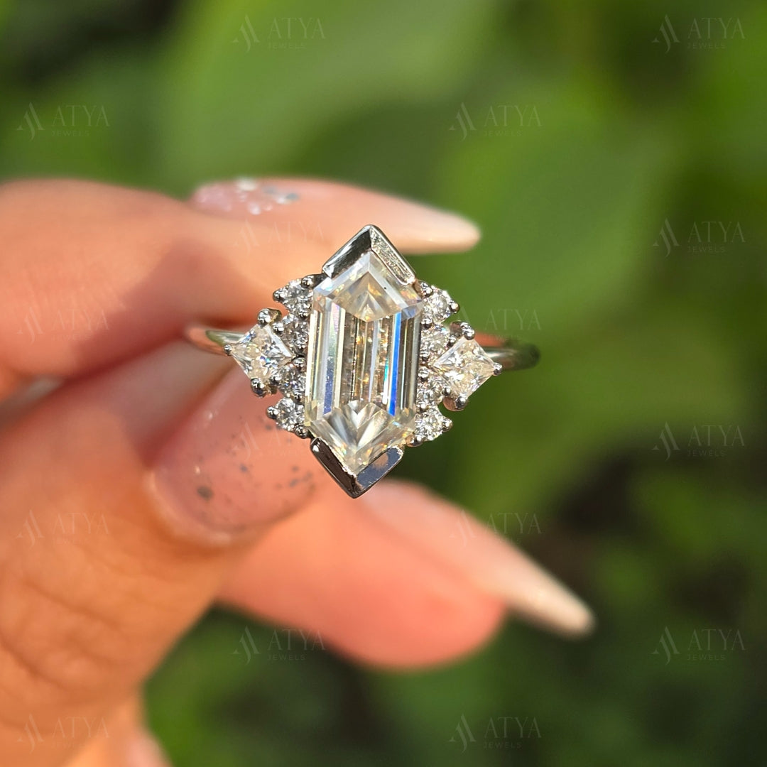 Elongated Hexagon Cut Moissanite Engagement Ring Unique Bridal Ring Anniversary Gift Proposal Ring