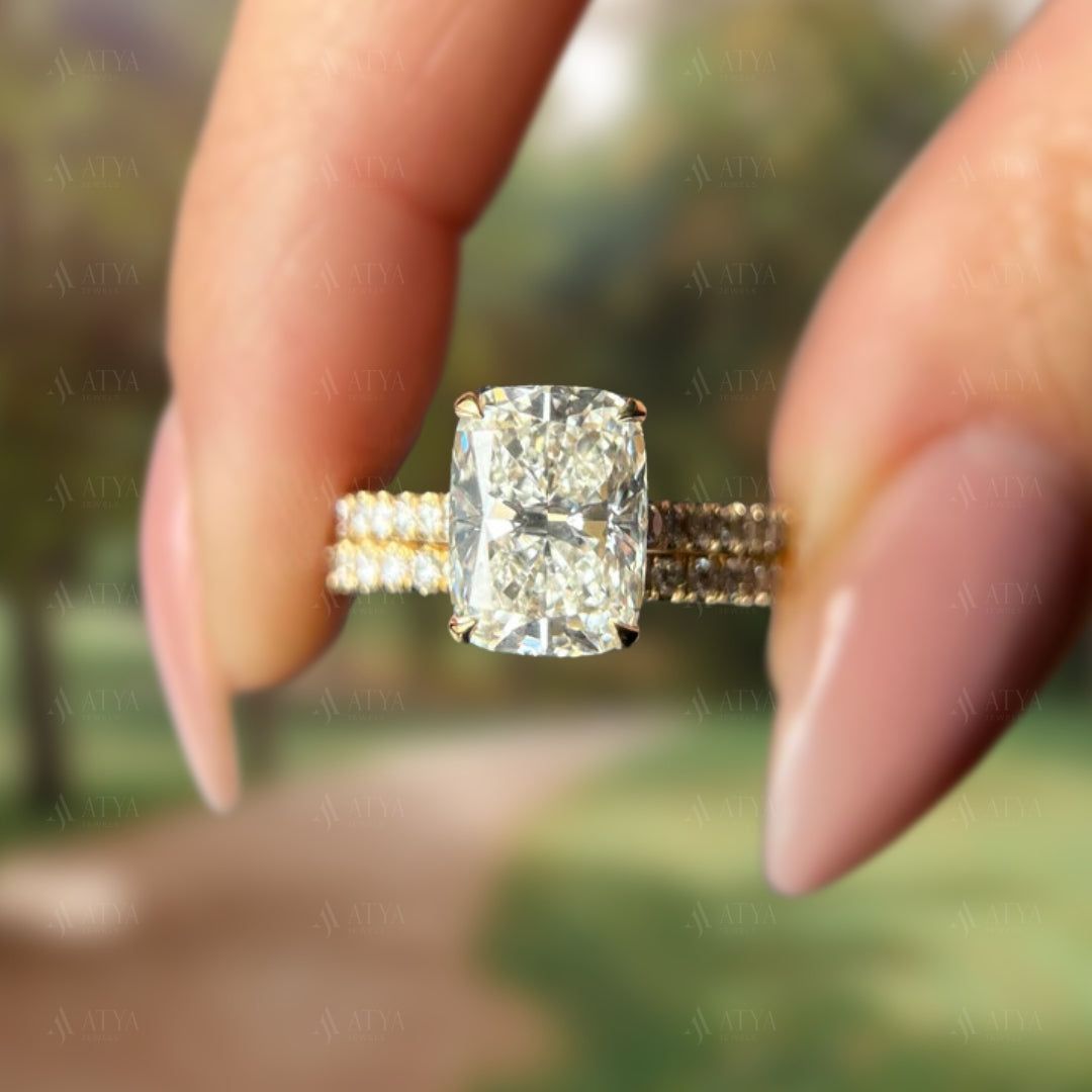 Elongated Cushion Cut IGI Certified Lab Grown Diamond Hidden Halo Bridal Ring Set Matching Band