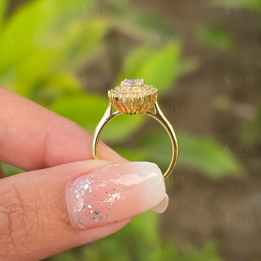 Unique Round Cut Starbust Moissanite Engagement Ring 14K Solid Gold Hidden Halo Promise Ring Side