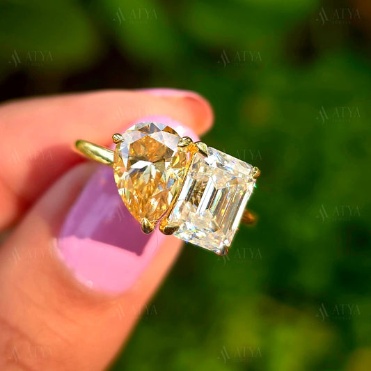 5.00 TCW Pear & Emerald Cut Toi Et Moi Moissanite Engagement Ring Toi Et Moi Promise Ring For Her