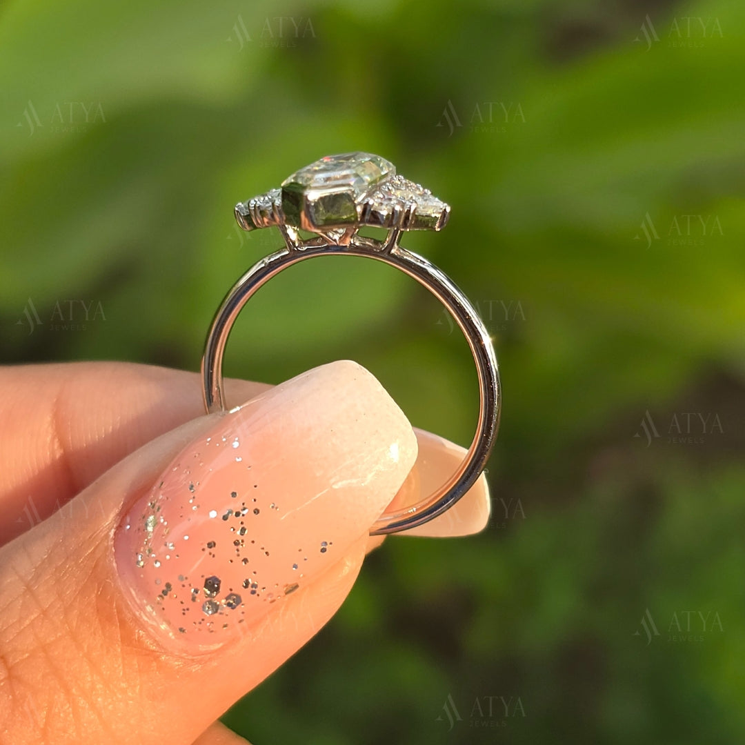 Elongated Hexagon Cut Moissanite Engagement Ring Unique Bridal Ring Anniversary Gift Proposal Ring