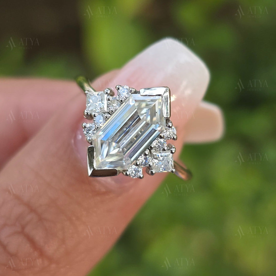 Elongated Hexagon Cut Moissanite Engagement Ring Unique Bridal Ring Anniversary Gift Proposal Ring
