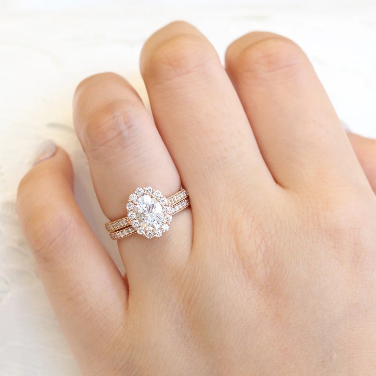 2.00  CT Oval Cut Moissanite Luna Halo Bridal Wedding Ring Set
