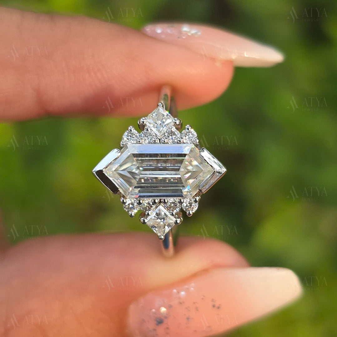 Elongated Hexagon Cut Moissanite Engagement Ring Unique Bridal Ring Anniversary Gift Proposal Ring