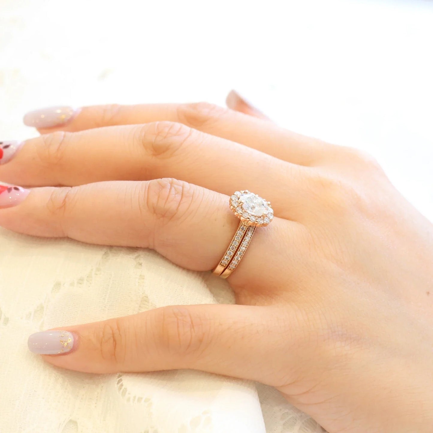 2.00  CT Oval Cut Moissanite Luna Halo Bridal Wedding Ring Set