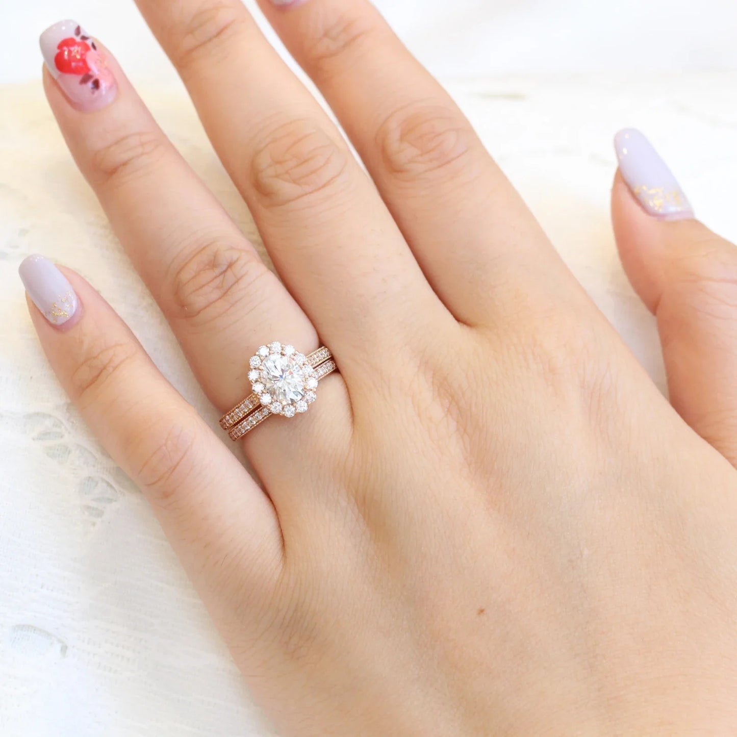 2.00  CT Oval Cut Moissanite Luna Halo Bridal Wedding Ring Set