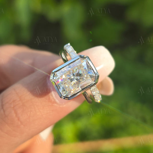 4.00 CT Radiant Cut Moissanite Bezel Set Engagement Bridal Set Ring for Women Pave Set Wedding Band Ring Gift for Her