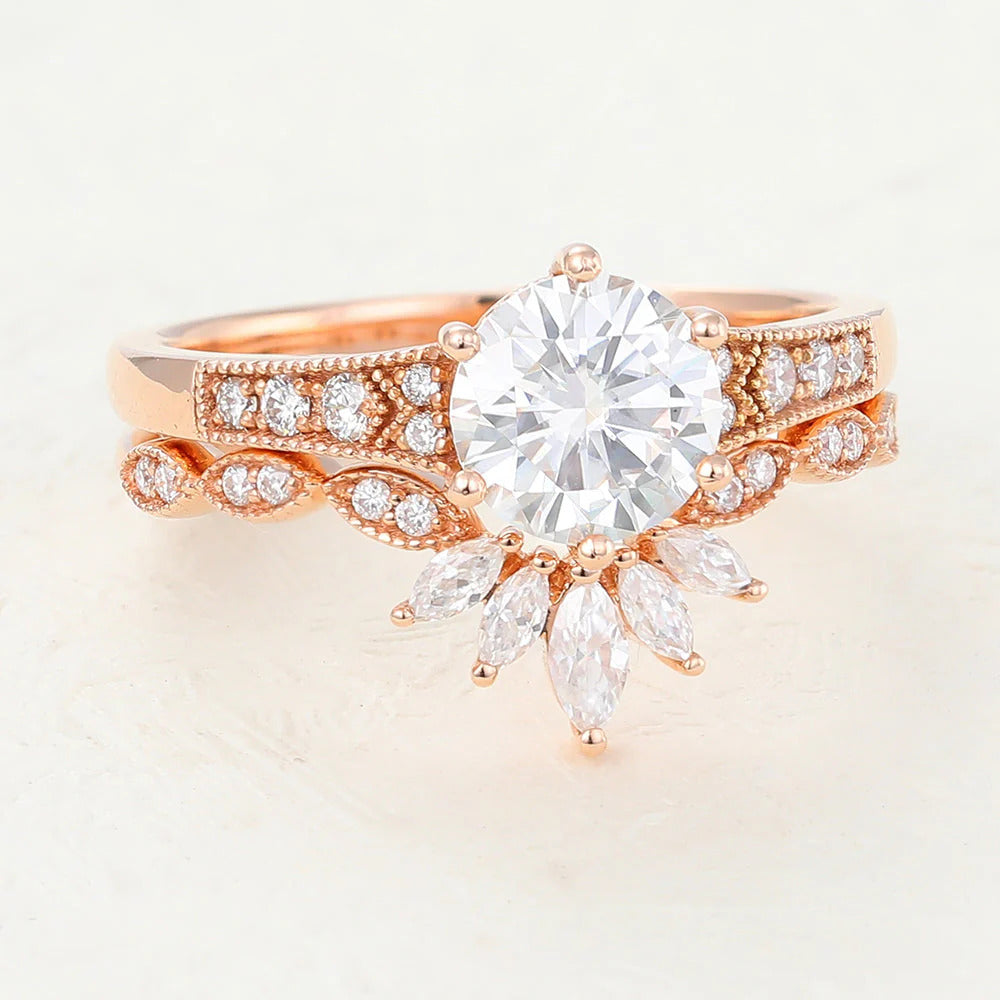 1.50 CT Round Moissanite Milgrain Bridal Ring Set