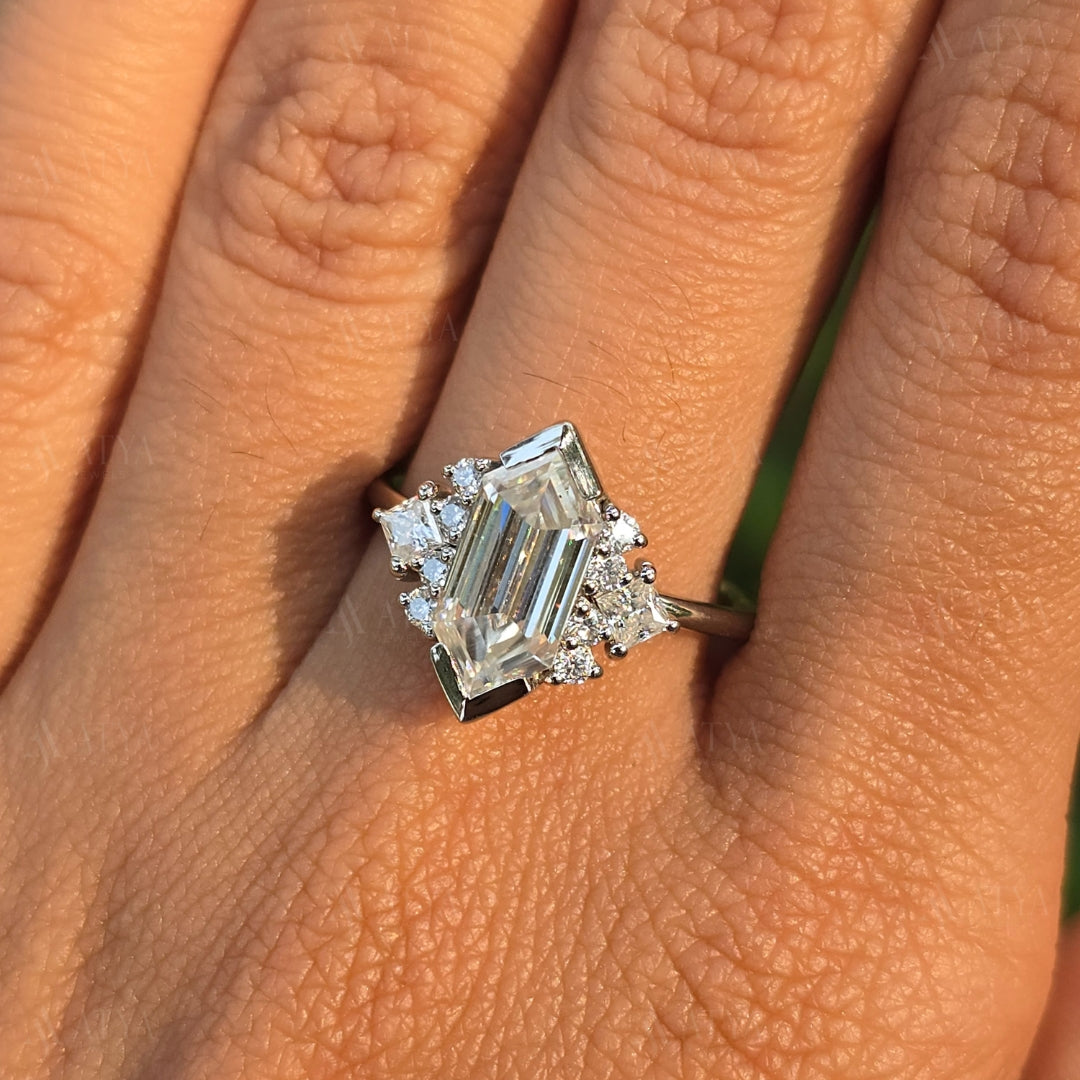 Elongated Hexagon Cut Moissanite Engagement Ring Unique Bridal Ring Anniversary Gift Proposal Ring