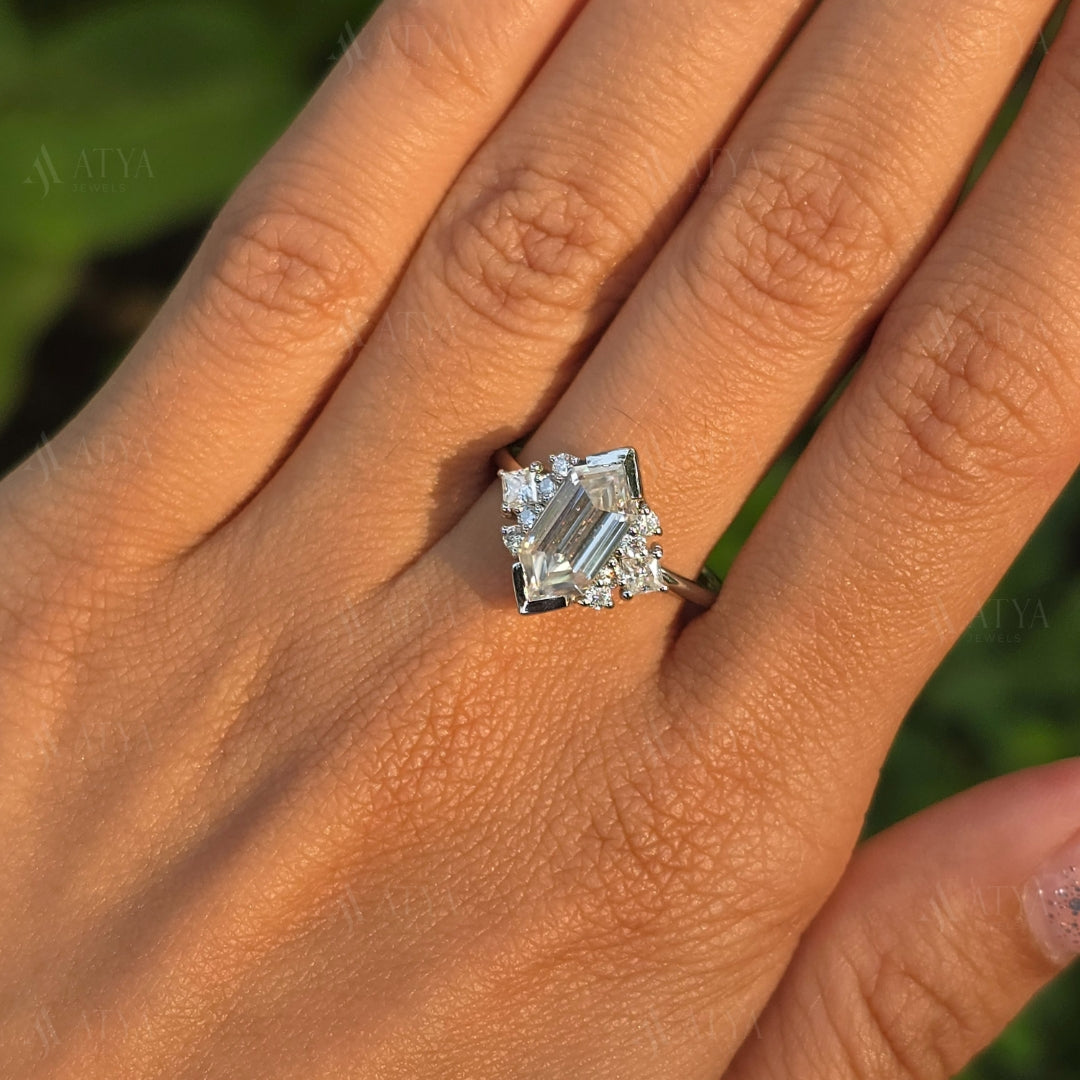 Elongated Hexagon Cut Moissanite Engagement Ring Unique Bridal Ring Anniversary Gift Proposal Ring