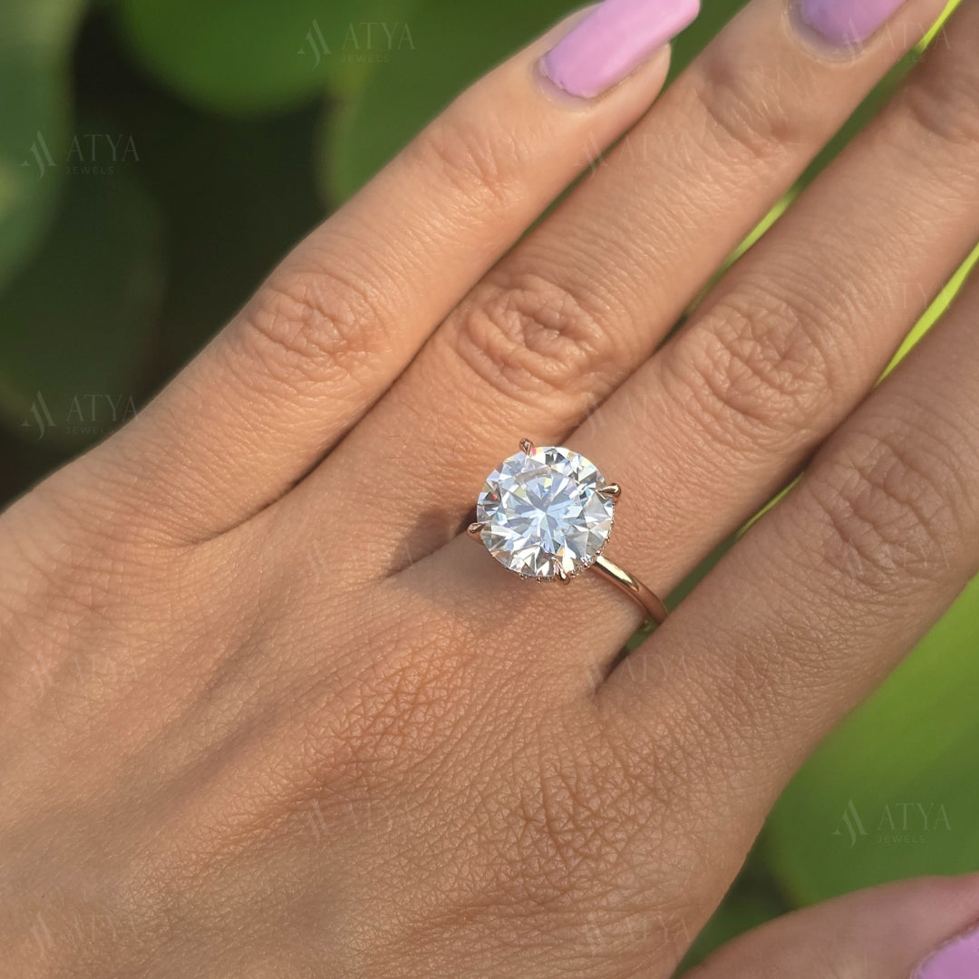 2.50 CT Round Cut Moissanite Engagement Ring Solitaire Moissanite Hidden Halo Engagement Ring For Her
