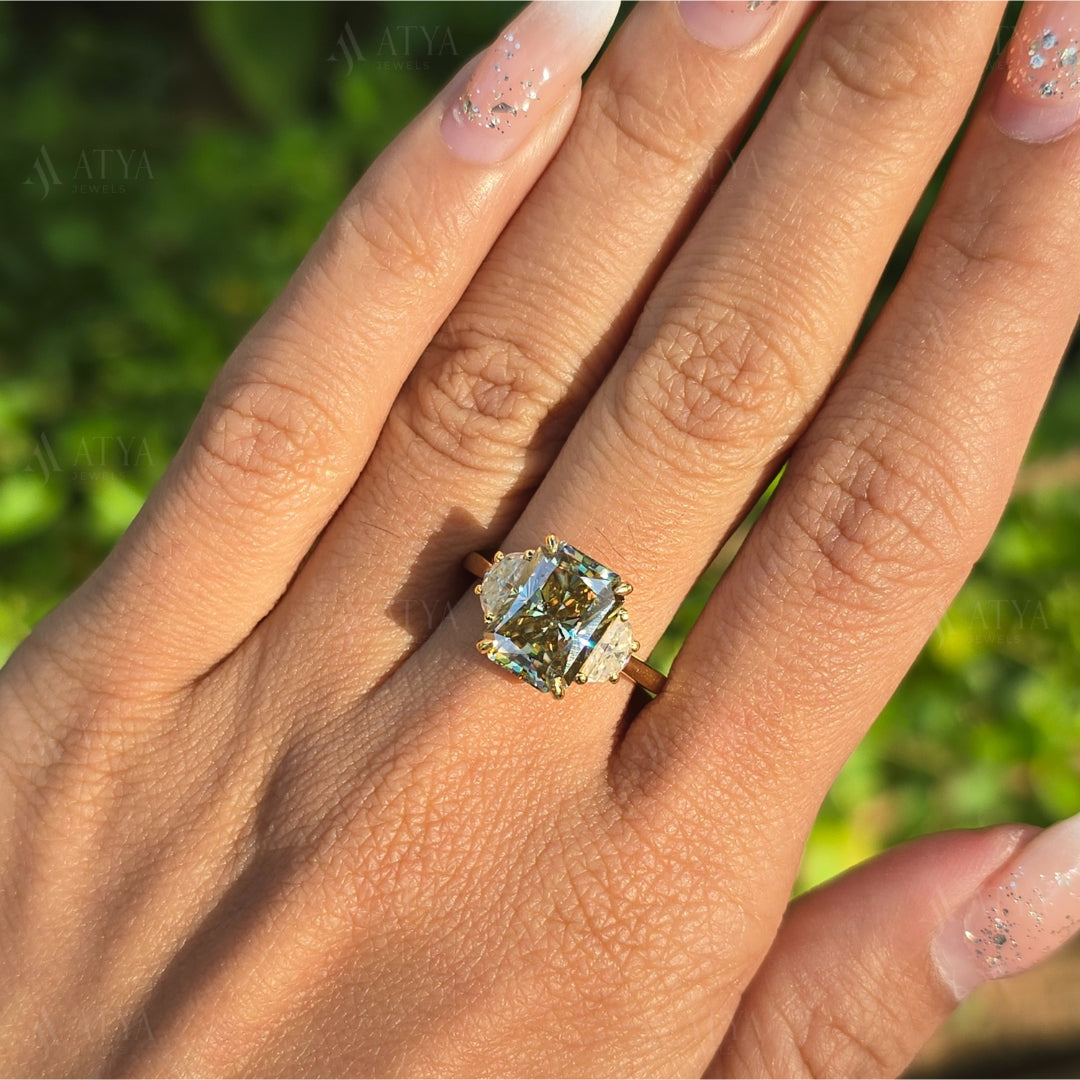 3.50 CT Canary Yellow Radiant Cut Moissanite Engagement Ring Three Stone Side Half Moon Cut Diamond Ring Unique Pormise Ring