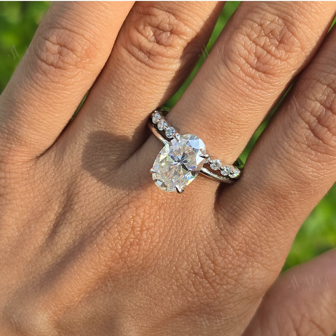 4.00 CT Oval Cut Moissanite Wedding Ring Set Unique Hidden Halo Anniversary Ring Set For Wife Bubble Half Eternity Band Promise Ring For Her