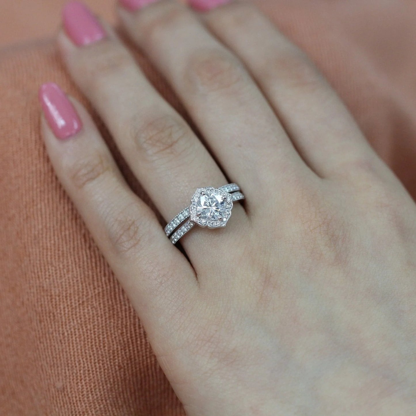 1.0 CT Floral Cushion Cut Moissanite Halo Bridal Engagement Ring Set