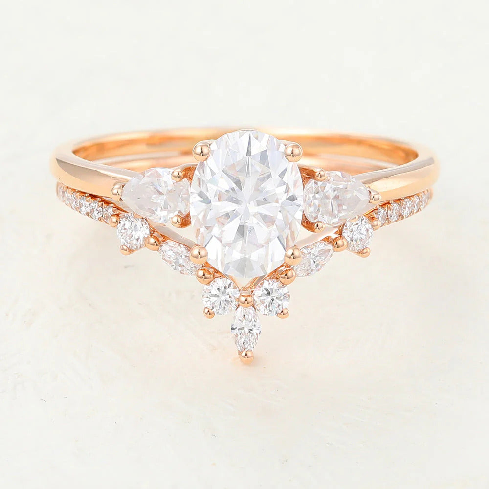 2.00 CT Oval Cut Moissanite Three Stones Bridal Ring Set