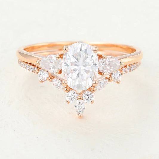 2.00 CT Oval Cut Moissanite Three Stones Bridal Ring Set