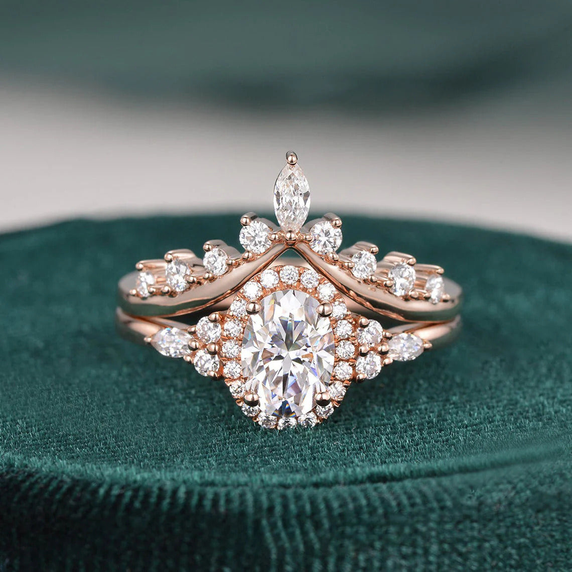 2.00 CT Oval Cut Cluster Halo Moissanite Bridal Ring Set