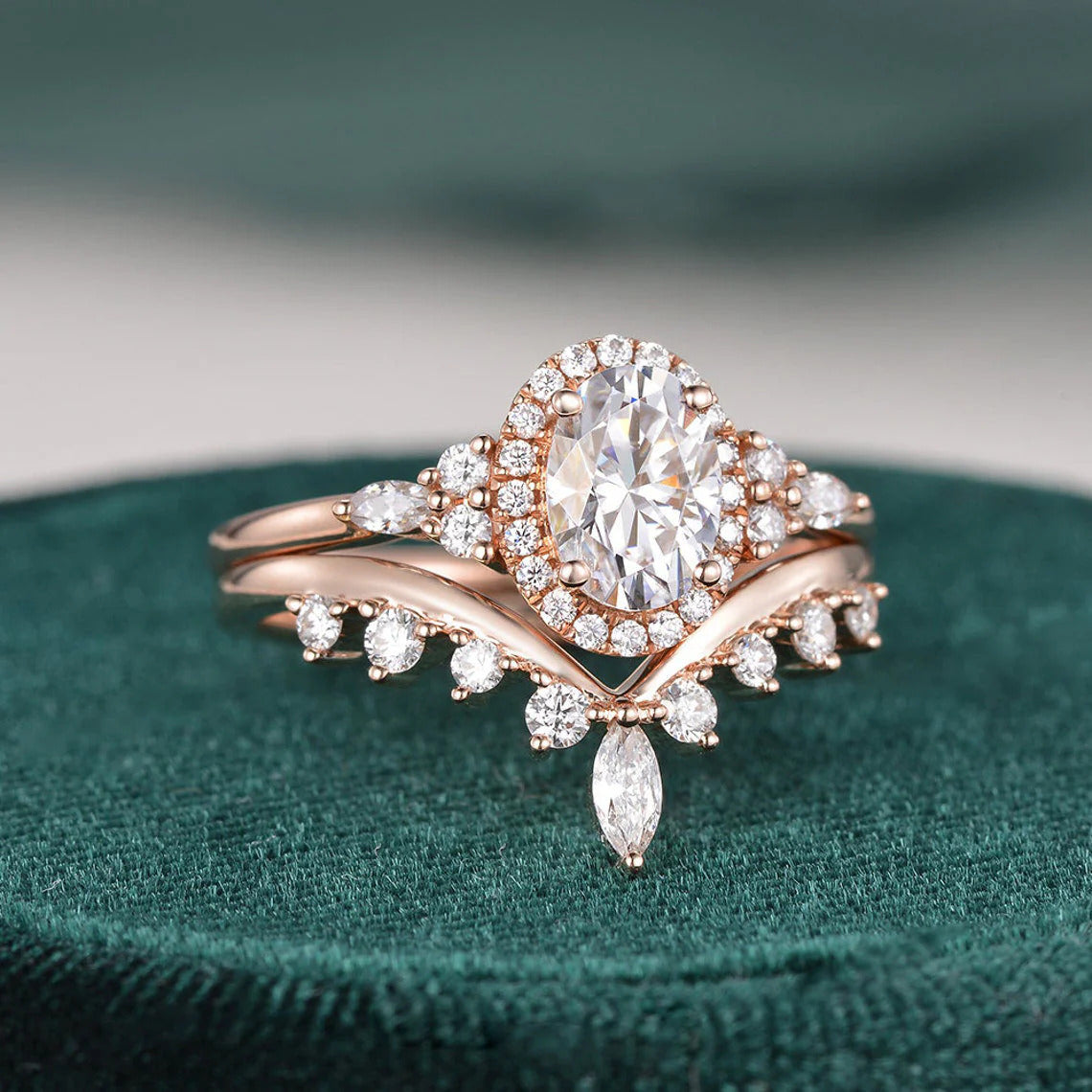 2.00 CT Oval Cut Cluster Halo Moissanite Bridal Ring Set
