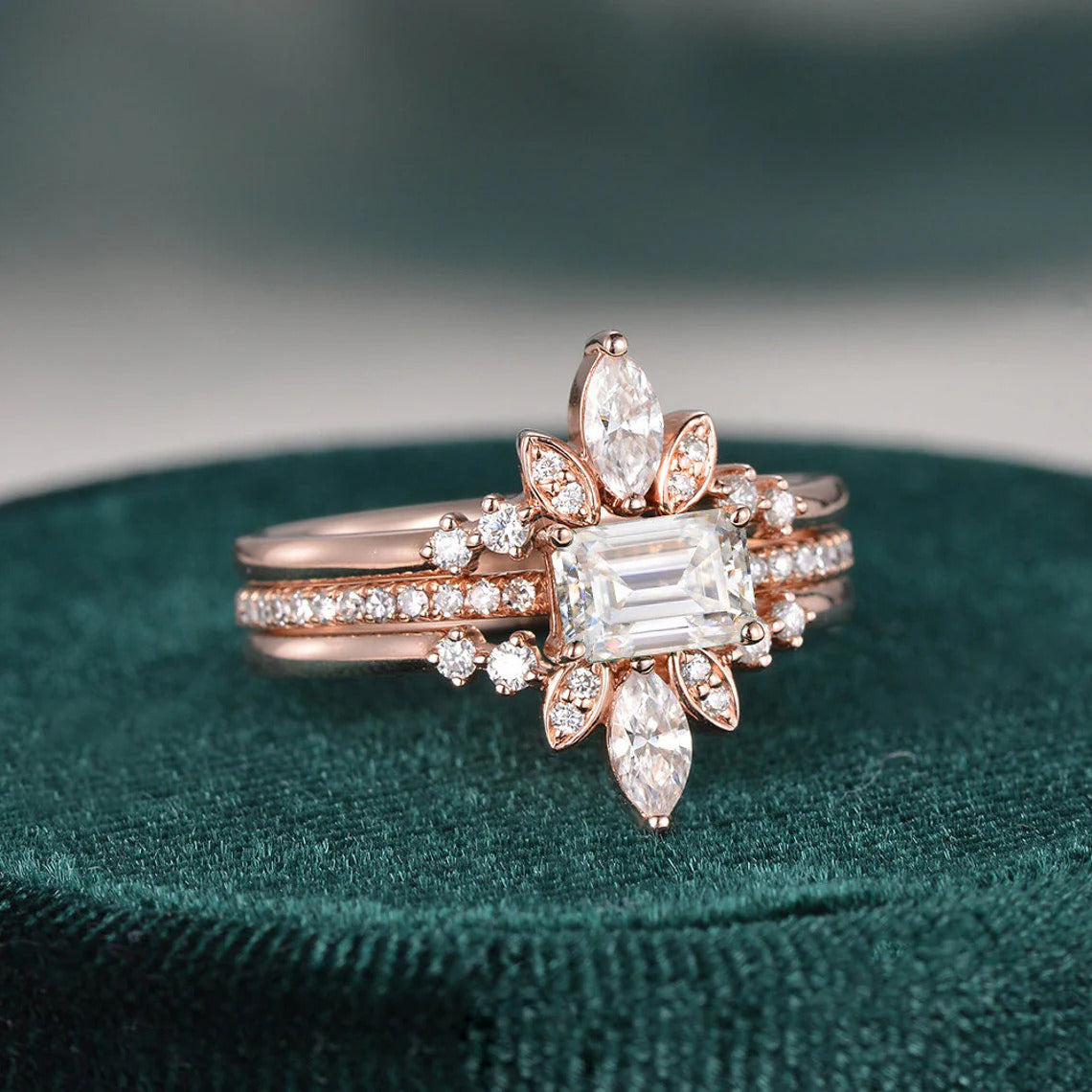 1.50 CT Vintage Emerald Cut Solitaire Pave Setting Moissanite Bridal Ring Set