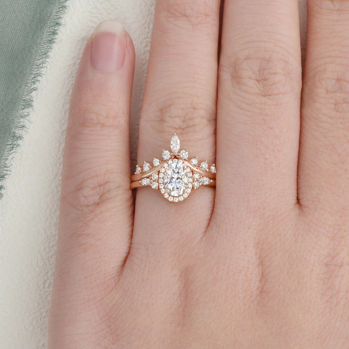 2.00 CT Oval Cut Cluster Halo Moissanite Bridal Ring Set