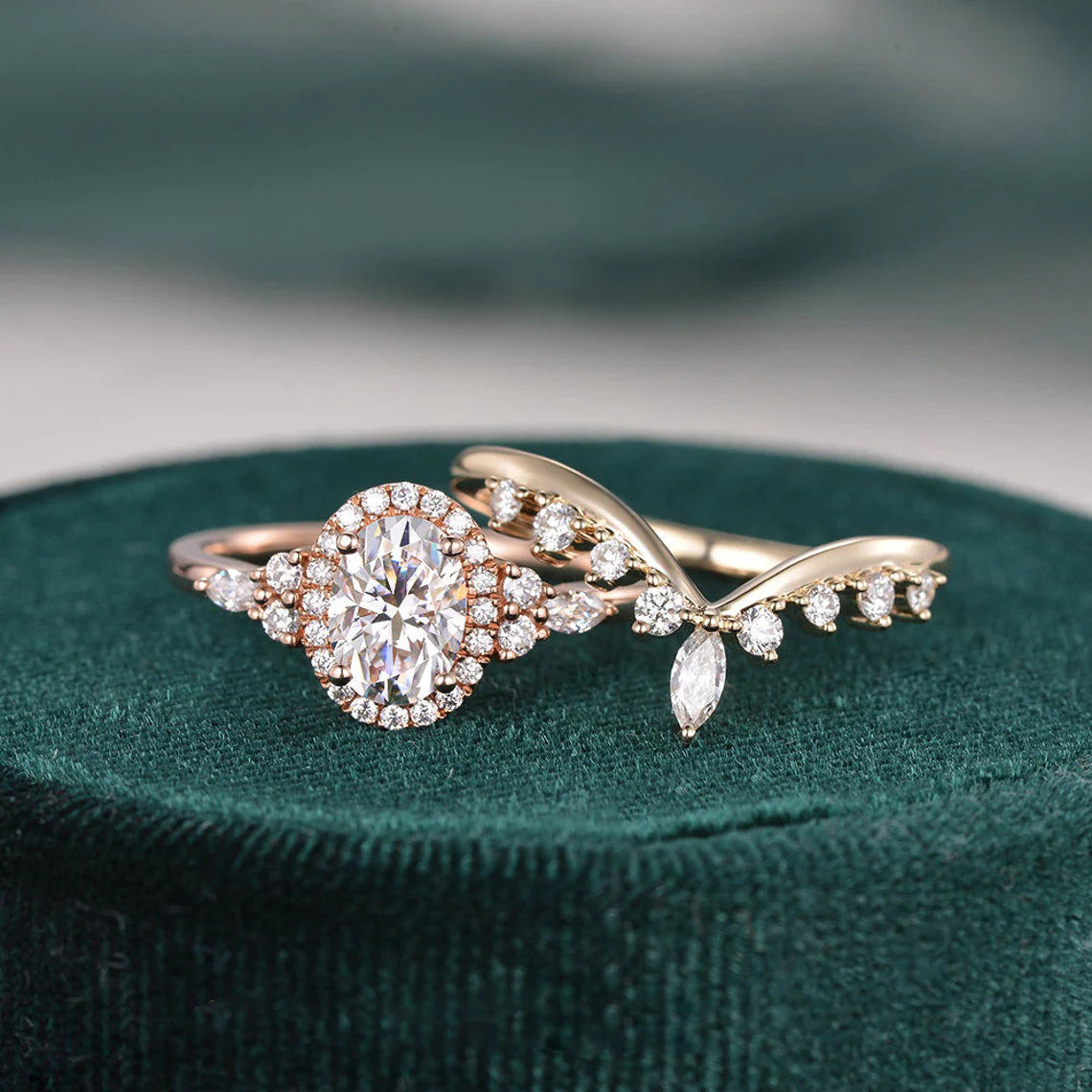2.00 CT Oval Cut Cluster Halo Moissanite Bridal Ring Set