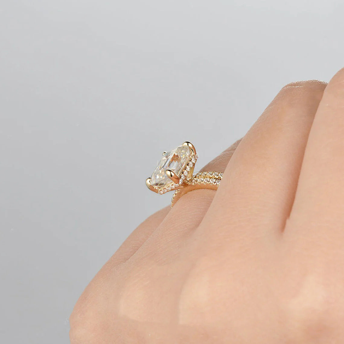 2.00 CT Emerald Cut Hidden Halo Moissanite Bridal Wedding Ring Set