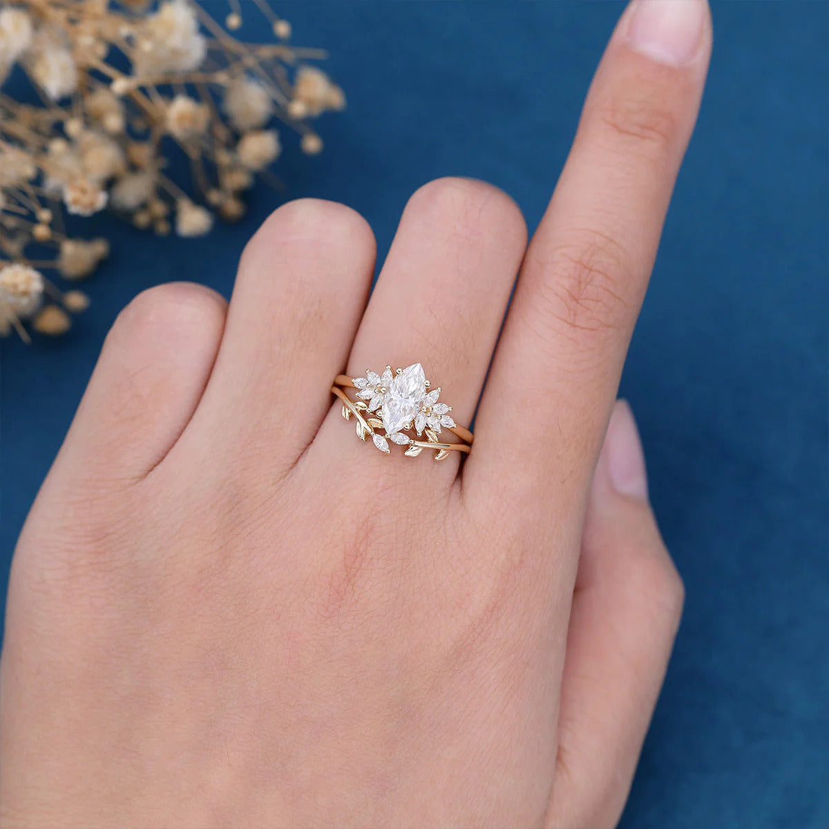 1.50 CT Marquise Cut Moissanite Nature Inspired Bridal Ring Set