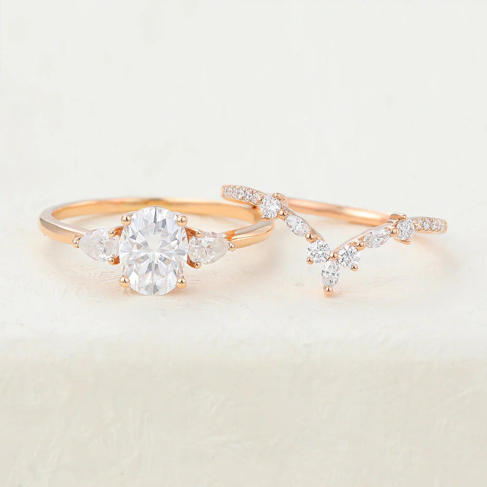 2.00 CT Oval Cut Moissanite Three Stones Bridal Ring Set
