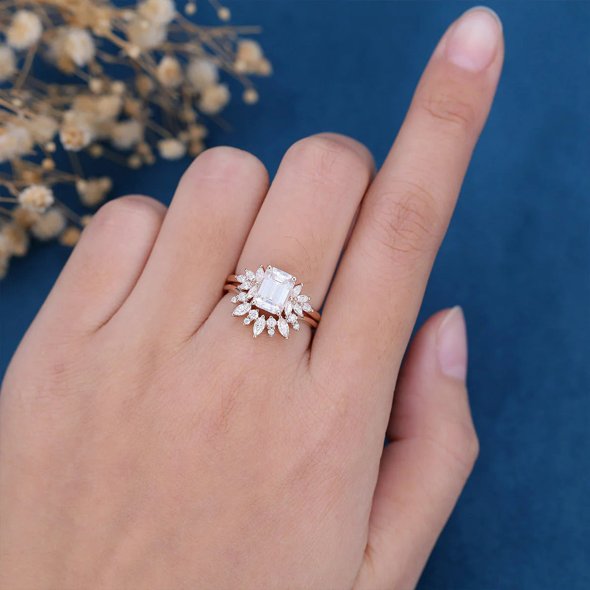 2.00 CT Emerald Cut Moissanite Cluster Bridal Ring Set