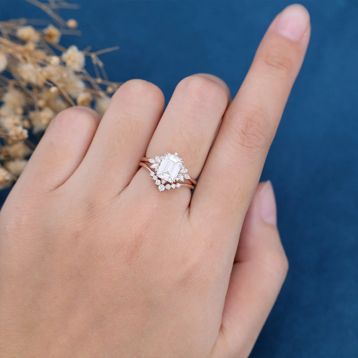 2.50 CT Emerald Cut Moissanite Wedding Bridal Ring Set