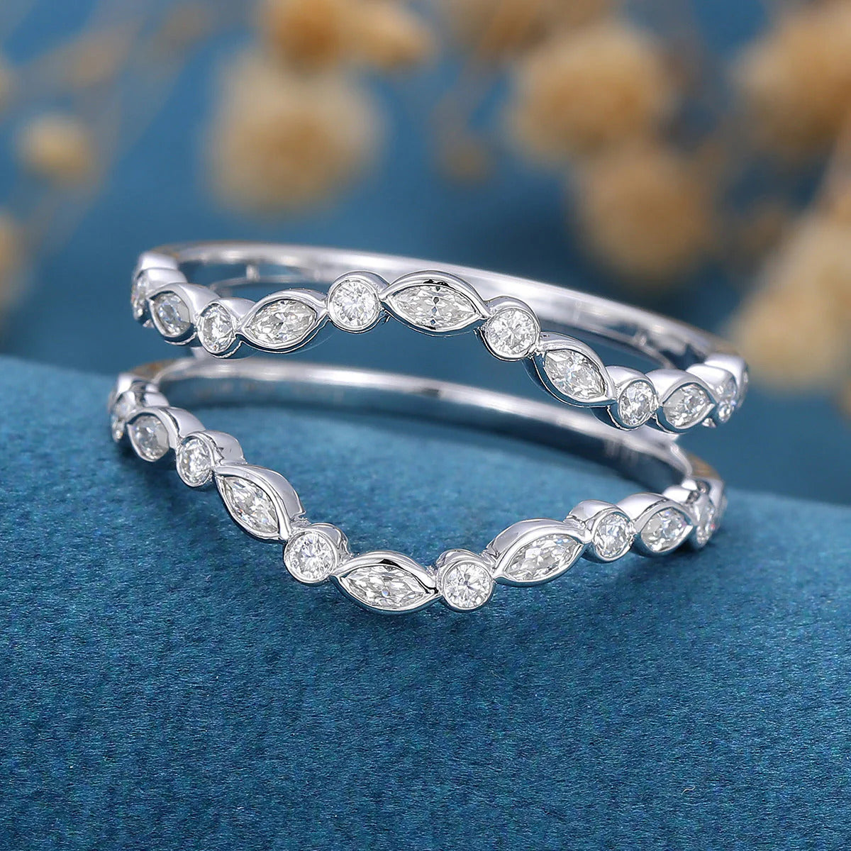 1.00 Round & Marquise Shaped Moissanite Unique Wedding Band