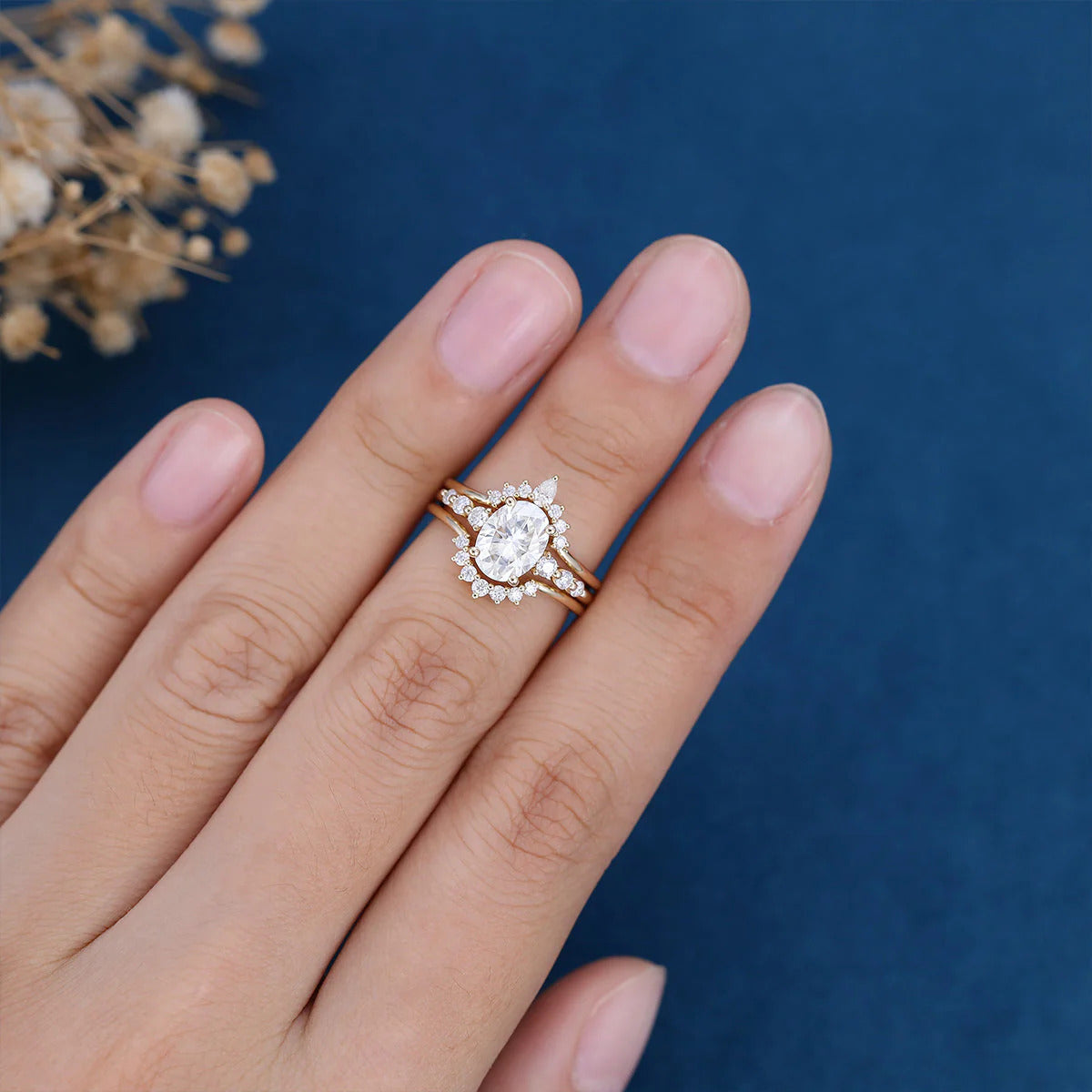 2.00 CT Oval Cut Moissanite Diamond Hidden Halo Bridal Set