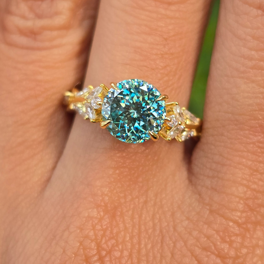 Vintage 2.50 CT Cyne Blue Portuguese Cut Moissanite Engagement Ring Side Marquise Diamond Nature Inspired Moissanite Ring