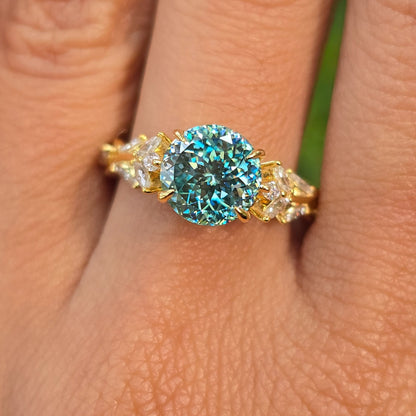 Vintage 2.50 CT Cyne Blue Portuguese Cut Moissanite Engagement Ring Side Marquise Diamond Nature Inspired Moissanite Ring