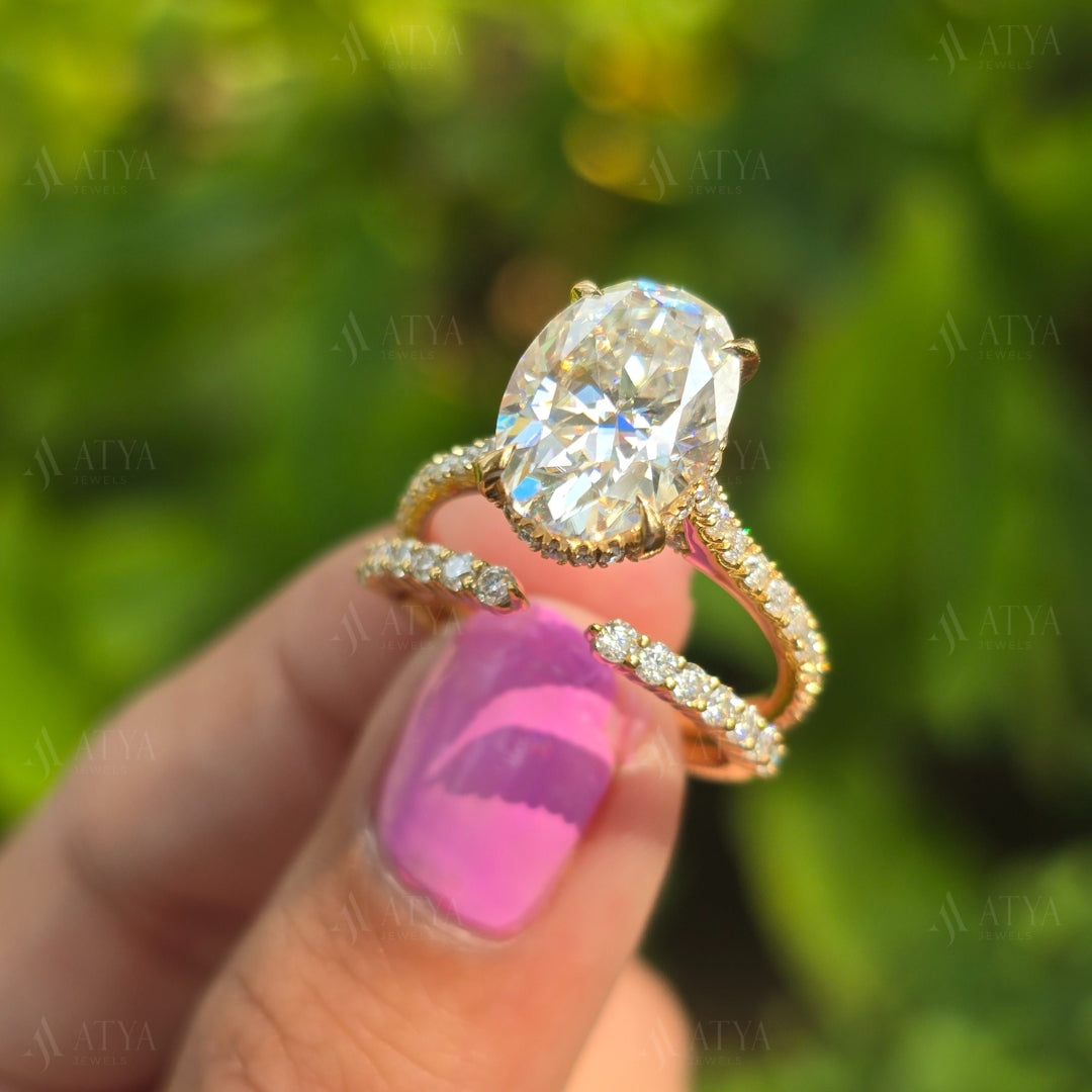 4.00 CT Oval Moissanite Wedding Bridal Set Ring Oval Cut Engagement Ring Set with Eternity Diamond Matching Band Hidden Halo Ring