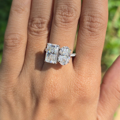 Unique Toi Et Moi Hidden Halo Oval and Radiant Cut Toi Et Moi Engagement Ring Wedding Ring Promise Ring
