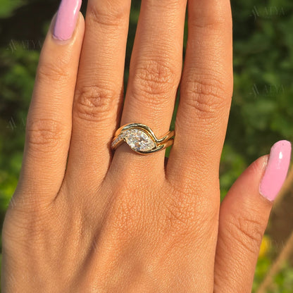 East-West Marquise Cut Moissanite Bridal Ring Set Unique Side Halo Design Wedding Ring Set