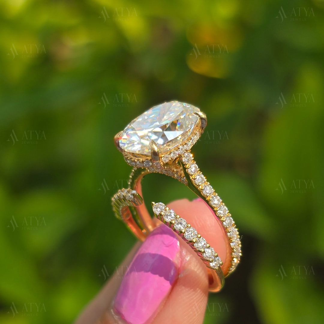 4.00 CT Oval Moissanite Wedding Bridal Set Ring Oval Cut Engagement Ring Set with Eternity Diamond Matching Band Hidden Halo Ring