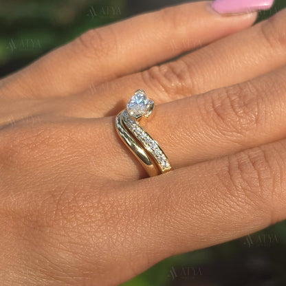 East-West Marquise Cut Moissanite Bridal Ring Set Unique Side Halo Design Wedding Ring Set