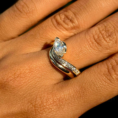 East-West Marquise Cut Moissanite Bridal Ring Set Unique Side Halo Design Wedding Ring Set