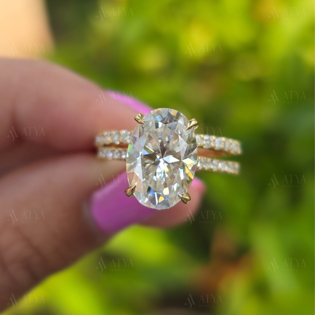 4.00 CT Oval Moissanite Wedding Bridal Set Ring Oval Cut Engagement Ring Set with Eternity Diamond Matching Band Hidden Halo Ring